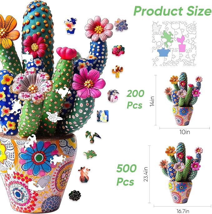 Mys Aurora Puzzles for Adults Cactus Flower Wooden Puzzles, 200 Pieces Unique Shaped Jigsaw Puzzles, FSC Certified Beautiful Birthday Gifts for Kids Friends, Fun Family Game 10''x 14''