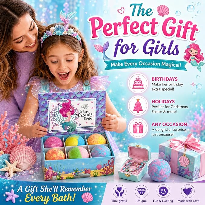 Bath Bombs for Kids with Surprise Inside, Mermaid Bath Bombs for Girls with Jewelry & Jewelry Box for Kids Organic, Skin Moisturizing, Natural Bubble, Birthday Gifts for Boys, Girls