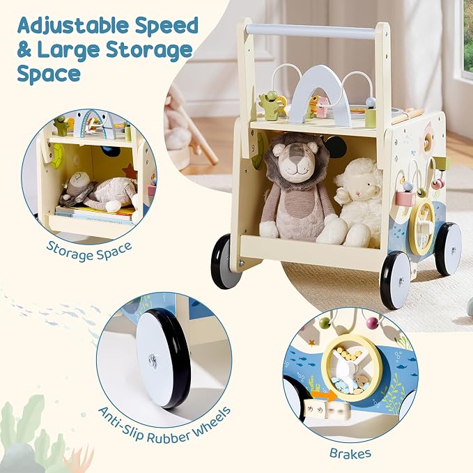 ROBUD Wooden Baby Push Walker, Marine Theme Learning Walking Toys, Adjustable Height Baby Walker with Decelerator, Montessori Toys for Baby Age 10 Months+, WRP23
