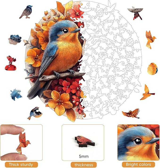 Mys Aurora Wooden Puzzles for Adults, Robin Bird Couple Jigsaw Puzzles 500 Pieces, 16.2 x 16.5 Inch, Royal, Unique Shaped Round Blue Birds Puzzles for Adults and Kids, Family Game