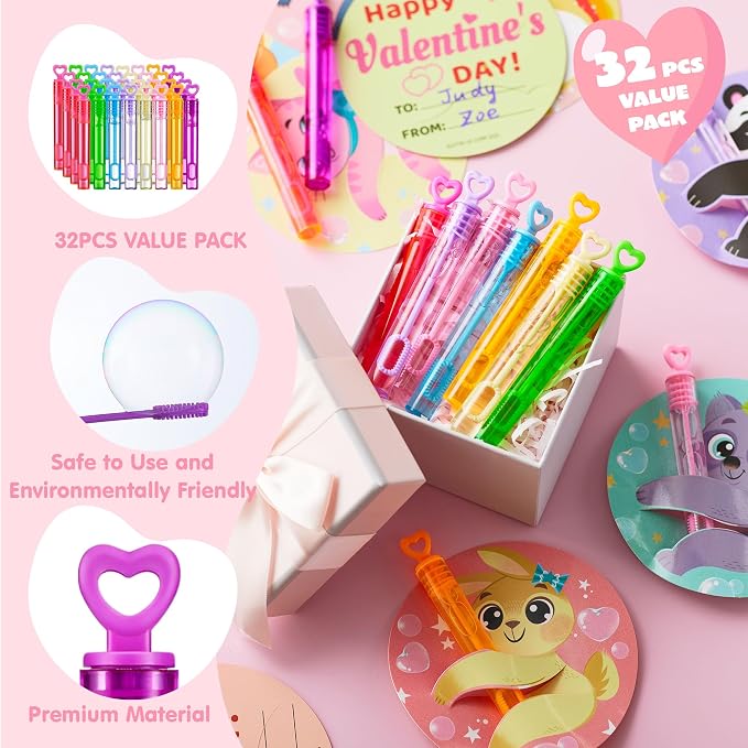 JOYIN 32 Pcs Valentine's Day Gift Cards with Mini Bubble Wands for Kids, Bubble Wands with Animal Themed Cards, Valentine's Day Gifts for Kids Classroom Prize Treats Party Favor Goodie Bag Stuffers