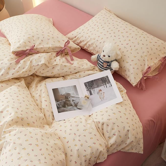 Botanical Floral Comforter Set Twin XL, Cute Colorful Flowers Pattern Cottagecore Comforter with 2 Bow Ties Pillowcases, Soft Lightweight Bedding Comforter for All Seasons Aesthetic Bedroom Decor