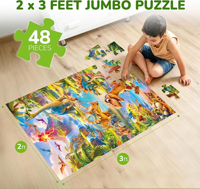 BenBen Floor Puzzles for Kids Ages 4–6, 48 Piece Jumbo 2 x 3 Ft Prehistoric Dino Jigsaw Puzzle, Large Dinosaur Floor Puzzle with Big Pieces, Educational Toy Gift for Boys & Girls