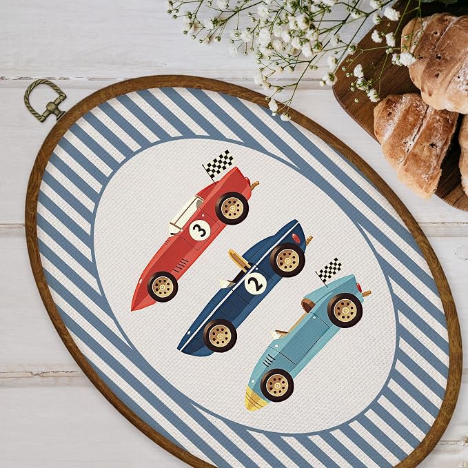 WULQYING Race Car Boy Nursery Wall Art Decor, Boys Room Oval Framed Canvas Art Prints, Vintage Race Car Blue Striped Wall Hanging Decor for Kids Nursery Room Bedroom Playroom, 8.6x11.4 Inches