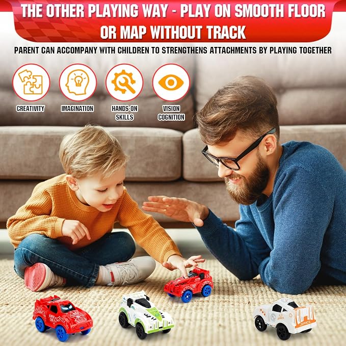 Save Unicorn Tracks Cars only Replacement,Track Cars for Tracks Glow in The Dark, Car Tracks Accessories with 3 Flashing LED Lights, Compatible with Most Tracks Car for Kids Boys(4pack)