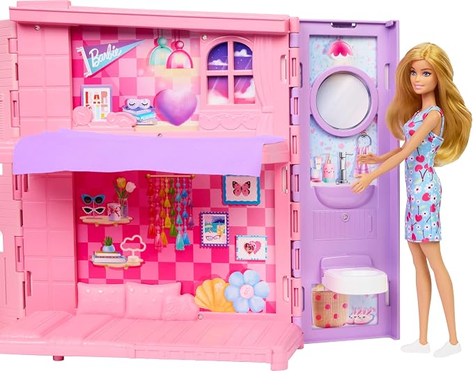 Barbie Weekend Escape House Playset with 10 Accessories Including Cookies to Bake, Kitten, 4 Play Areas, 2 Bunk Beds & 360-degree Play