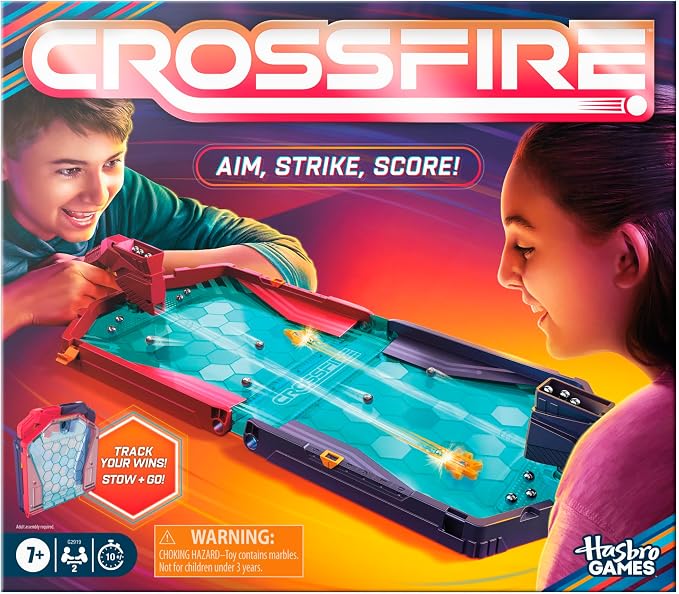 Hasbro Gaming Crossfire Game | Indoor Active Game for Kids and Teens | 2 Blasters, Marbles, Arena | Fun Family Board Games | 2 Players | 10 Mins. | Ages 7+