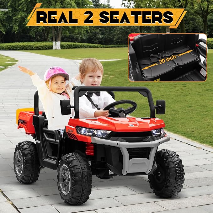 24V 4WD Ride on Car Dump Truck w/4X200W Motor, 2 Seaters, Gift Flower, 2.4G Remote Control, Bluetooth Music, LED Light, 24 Volt Ride on Toy Cars for Big Kids, Red