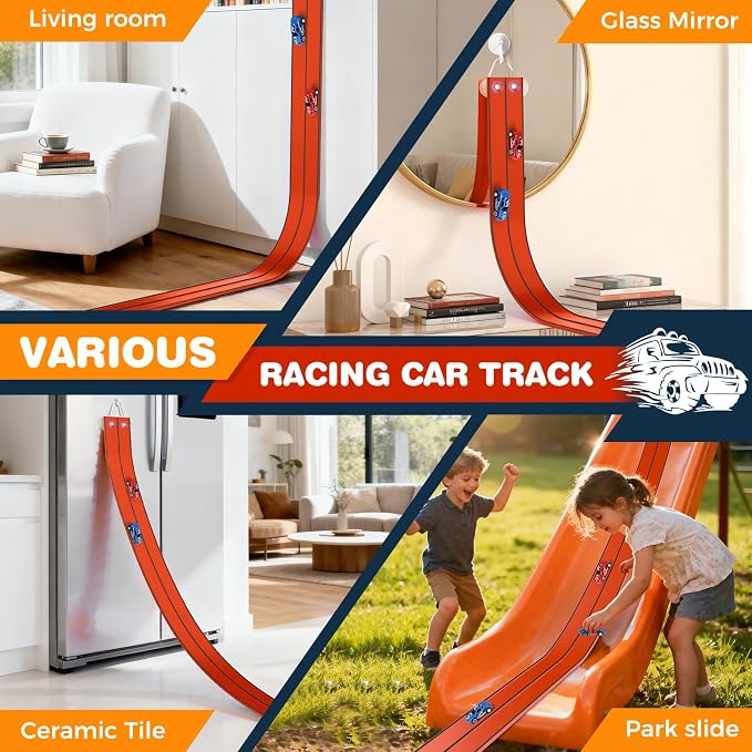 TAEMVV 15 Ft Dual Flexible Race Track for Kids, DIY Ramps Car Track Set Compatible with Hot Wheels 1/64 Diecast Cars, Reinforced Suction Cup for Boys Girls 3+, Red&Black