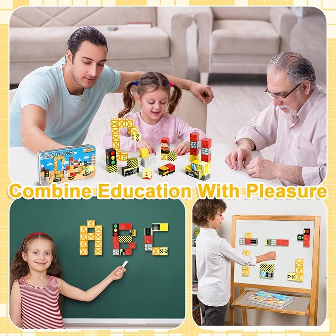 QOUBAI 45PCS Mini Magnetic Blocks Travel Toys, Magnet Building Cubes Tiles Set with Portable Iron Case, Learning Activities Gifts for Kids Toddlers Boys & Girls Ages 3-8 (Construction)