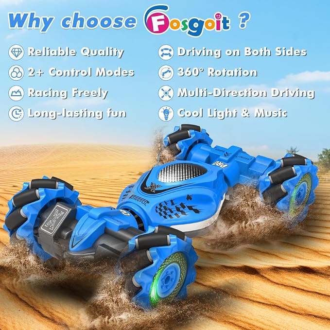 Fosgoit RC Car Gesture Sensing Stunt Car, Toys for Boys Girls 6-12, Best Gifts for Kids Boys 6 7 8 9 10 11 12 Years Old, 2.4GHz 4WD RC Toy Off-Road 360° Rotate All-Round Drift with Lights Music