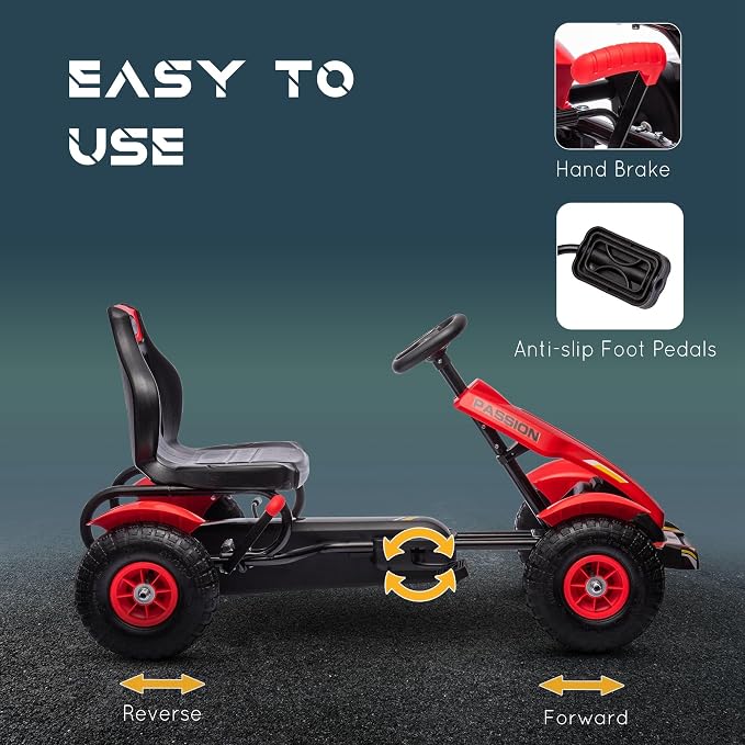 Aosom Kids Pedal Go Kart, Outdoor Ride on Toys with Adjustable Seat, Sharp Handling, Handbrake, 4 Non-Slip Rubber Wheels for Boys & Girls Aged 5-12 Years Old, Red