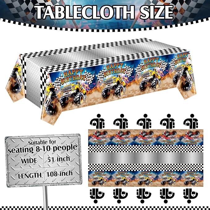 Mifoci 6 Pcs Monster Truck Birthday Party Tablecloths Monster Machine Table Covers Large Plastic Disposable 108 x 54 Inches for Truck Theme Kid's Boys Birthday Shower Party Supplies (Classic)