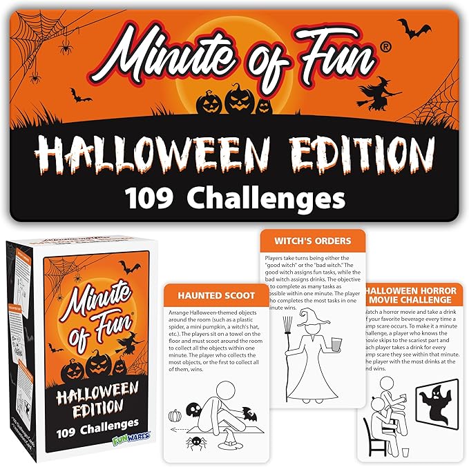 Funwares Halloween Spooky Edition, 100 Minute of Fun Games - Minute to Win It Family Party & Travel for Kids & Adults, 2-12 Players! Play with Everyday Household Items.