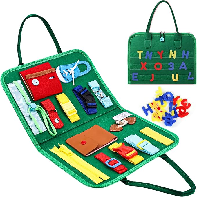 Esjay Toddler Busy Board, Montessori Toys to Learn Fine Motor Skill, Educational Sensory Board for 3+ Year Old, Toddler Activities for Travel Airplane Car,Green Alphabet