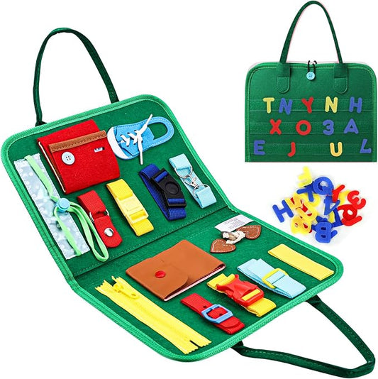 Esjay Toddler Busy Board, Montessori Toys to Learn Fine Motor Skill, Educational Sensory Board for 3+ Year Old, Toddler Activities for Travel Airplane Car,Green Alphabet