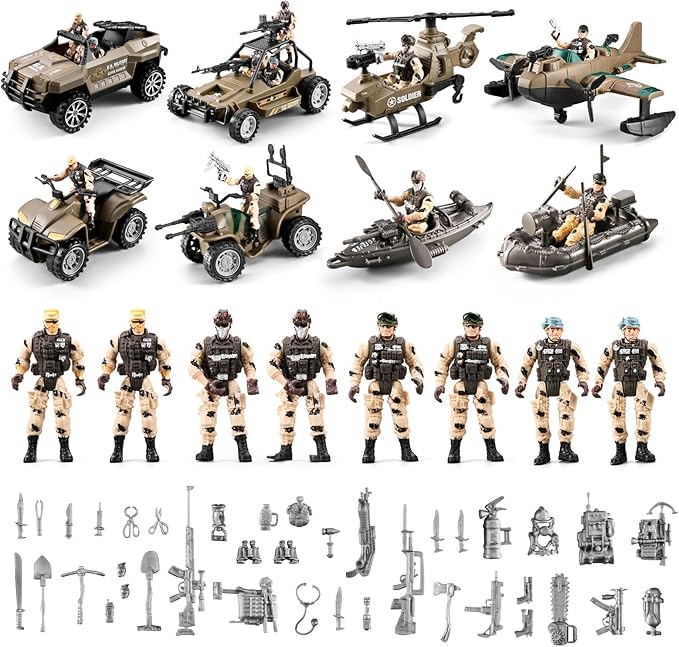 56-in-1 Army Men Toys for Boys 4-7 6-8 8-12, Military Truck/Helicopter/Kayak Boat/Motorcycle/Army Men Action Figures/Weapon Gears, Army Toys for Boys Kids Birthday Gifts Party Favors