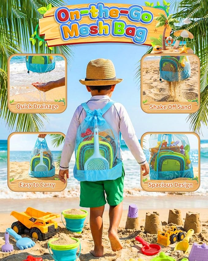 30PCS Beach Toys for Kids Ages 3-10, All-in-One Sand Toys Set with 2 Collapsible Buckets, Shovels, Trucks & Molds, Keep Kids Busy for Hours - Easy to Carry for Beach Travel Sandbox Play