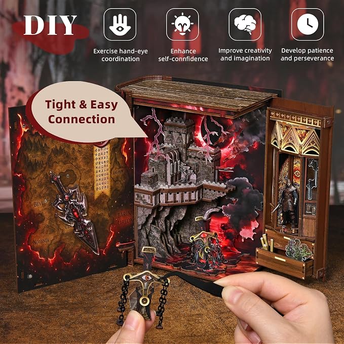 CCCDF Magic Book Nook Kit, DIY Miniature Dollhouse, 3D Wooden Puzzle Booknook Kit Bookend Bookshelf with LED Light for Adults Teens (Sword of Fire)