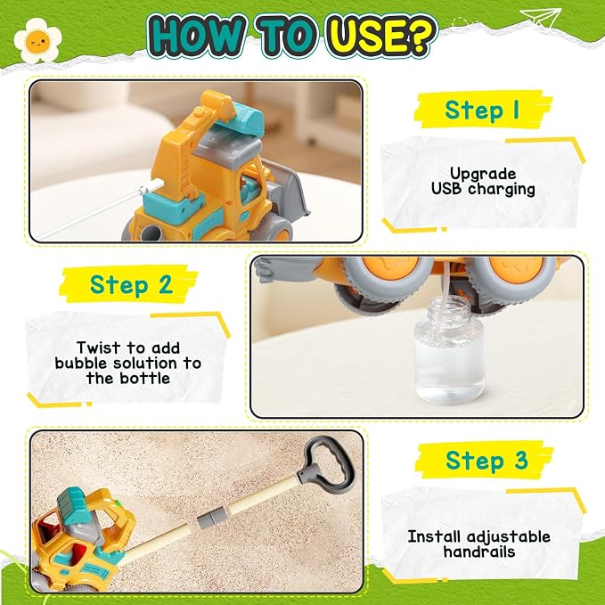 Bubble Machine for Toddlers 3-6: Construction Truck Bubble Lawn Mover, 2-in-1 Handheld Push Automatic Bubble Blower with Led Lights USB Rechargeable, Bubbles Toy for Kids Boy Girl 3-6 Year Old