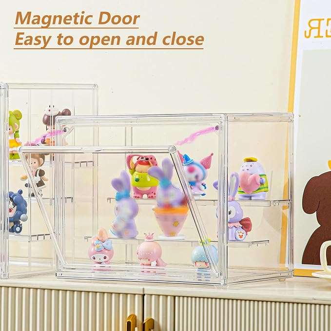 LXLXXL Small Acrylic Display Case for Collectibles 3 Layer Adjustable Display Case with Magnetic Door Clear Stackable Display Box for Mini Figures, 4 Pack