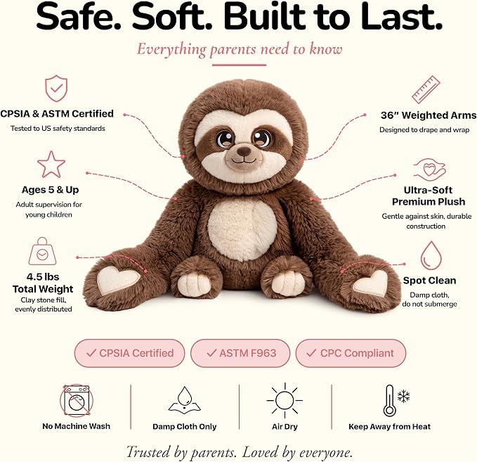 Huggle Healers Weighted Stuffed Animals for Adults, Teens and Kids - 36 Inch Long Plush Arms for Hugs - 4.5lb Sloth Stuffed Animal Plushies - Kigi Sloth