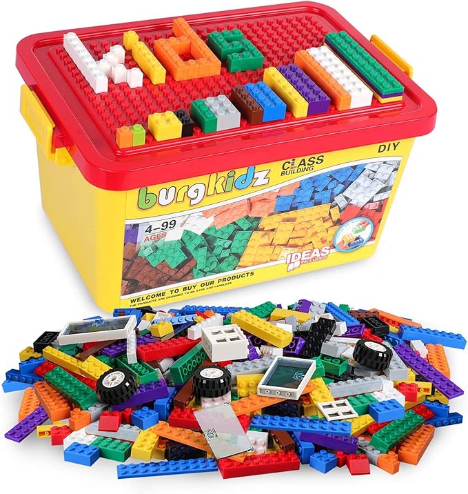 burgkidz Building Blocks Set with Storage Box and Lid Baseplate: 568 Pieces Classic Bricks Compatible with Major Brands, Wheels Doors Windows, STEM Toy for Toddlers Age 3+, Gift for Boys Girls