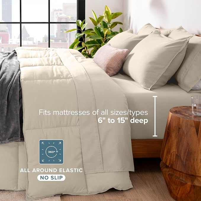 Bare Home Bed-in-A-Bag 7 Piece Comforter & Sheet Set - Full - Goose Down Alternative - Ultra-Soft 1800 Premium - Bedding Set (Full, Sand/Sand)