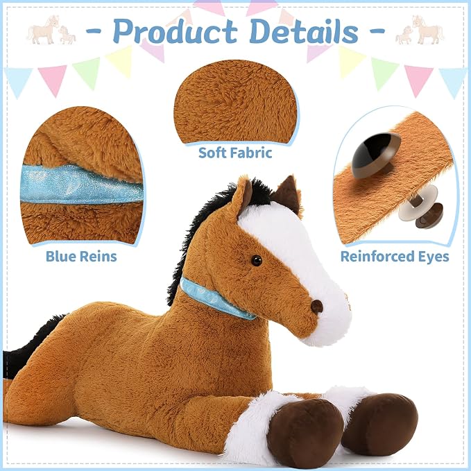 Tezituor 47 Inch Darkbrown Horse Stuffed Animal, 4ft Giant Realistic Stuffed Pony Plush Toy, Ride-On Horse Plush Body Pillow for Girls, Boys & Horse Lovers Christmas Party Gift