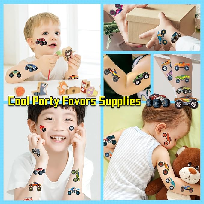 Ozepao Monster Trucks Temporary Tattoo for Kids, 10 Sheets Monster Truck Fake Tattoos for Boys Party Favors, Goodie Bags Stuffers, Brithday Supplies Decorations