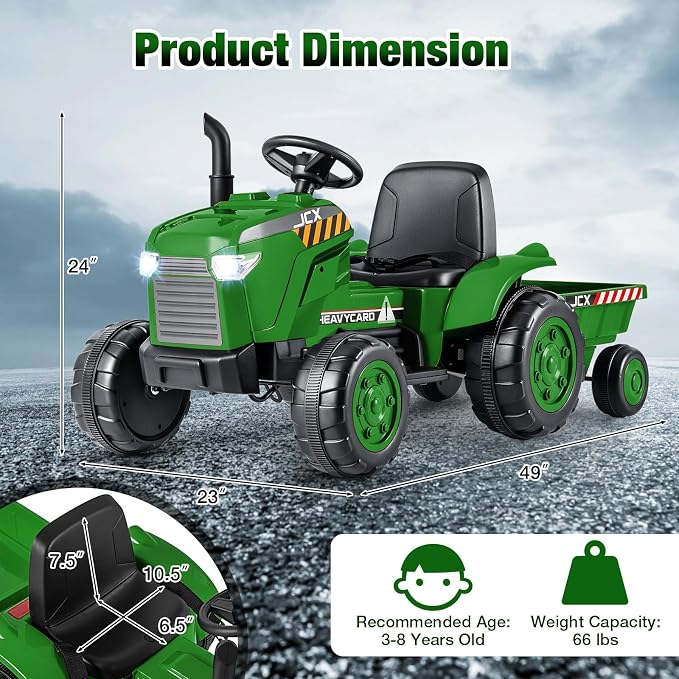Costzon 2-in-1 Ride on Tractor, 12V Kids Ride on Car w/Detachable Trailer, Remote Control, Wireless Connection, Horn, Music/Lights/Spring Suspensions, Tractor Toys for Kids (Plastic Tires, Dark Green)