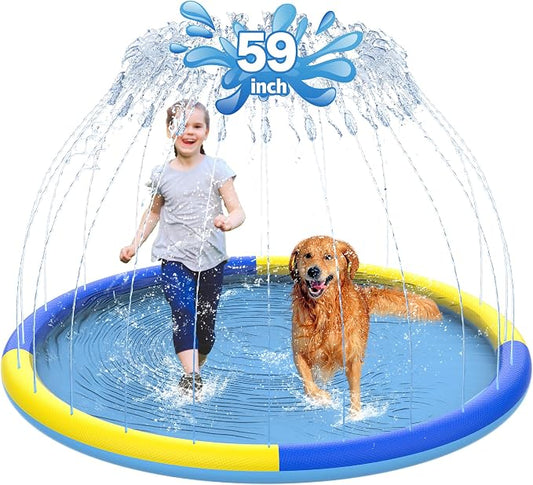 CACSPS 59" Non-Slip Splash Pad for Kids and Dog, Thicken Sprinkler Pool Summer Outdoor Water Toys, Extra Large Backyard Wading Pool for Children Boys & Girls or Pet Dog (Blue&Yellow)