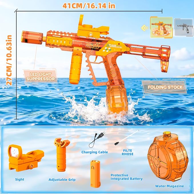 2 Pack Electric Water Guns Toy for Kids Adults, Automatic Water Gun Toys for Kids Ages 4-8 8-12, Adjustable Grip & Folding Stock, 26-32FT Long Range, Summer Pool Outdoor Beach Water Toy for Boys Girls
