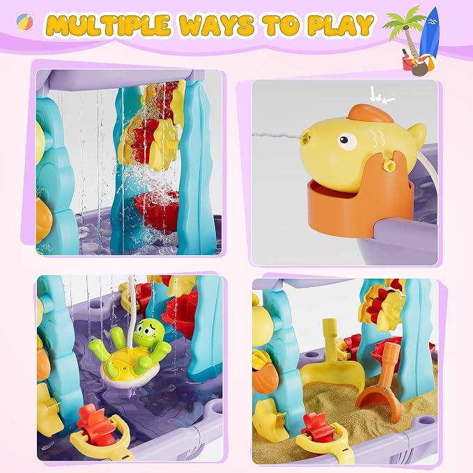 3-Tier Outdoor Water Sand Play Table Beach Toys, Summer Splash Activity Sensory Table Party Birthday Gift for Kids 3 4 5 6 7(Purple)