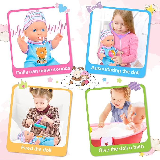PROOU Baby Doll Care Toys, 30PCS Baby Dolls Bath Set & Doctor Kit, Pretend Play Baby Doll Set, Incl Bathtub, Bathrobe, ECG, Thermometer, Toddlers Toys Gifts for Age 3 4 5 6 Year Old Girls