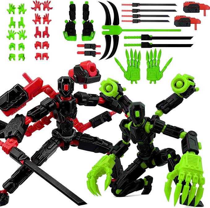 T13 Assembly Completed Action Figure Set, Multi-Jointed Movable 3D Printed Robot Toy, Cool Desktop Decoration Collectible Gift for Game Lovers (Black Green and Black red)