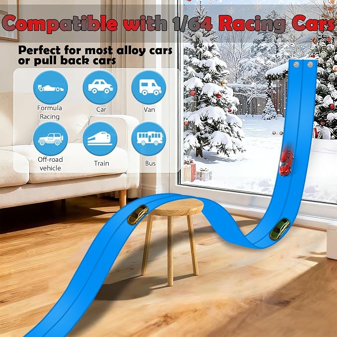 Flexible Race Track 15 Ft Starter Set, Flex Tracks for Kids 3+ with Strong Suction Cups, Flexible Car Race Ramp Track Compatible with Hot Wheels and Diecast 1/64 Cars, Portable Rolls Up Race Tracks