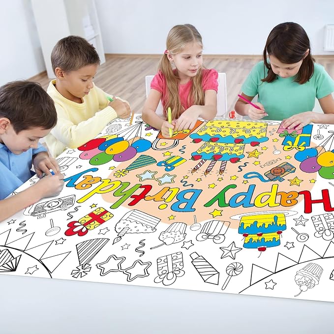 ZOIIWA Happy Birthday Coloring Poster for Kids Giant Coloring Sheet Classroom Large Big Birthday Tablecloth for Wall Jumbo Page Books Party Game Crafts Activity Supplies Decoration Favor
