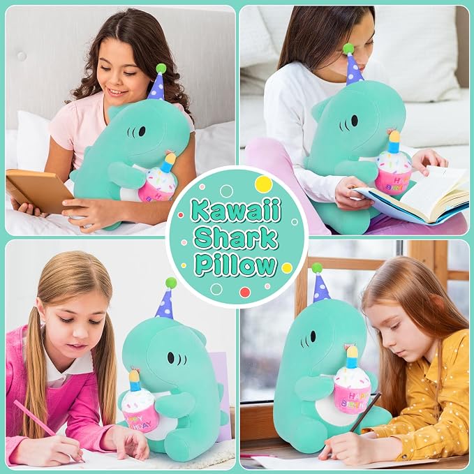Auspicious beginning Birthday Gift Shark Plush Stuffed Animal, 11.8'' Kawaii Soft Birthday Shark Plush Toys with Holding Cute Birthday Cake Gift for Girls Boys, Children's Day, Anniversary, Green