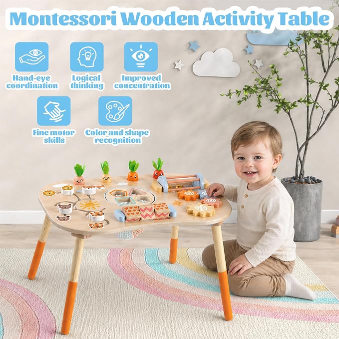 Wooden Activity Table, 6-in-1 Montessori Activity Table for Toddlers, Activity Center for Babies Aged 1–3, Sensory Toys, for Boys and Girls 1+ Years Old