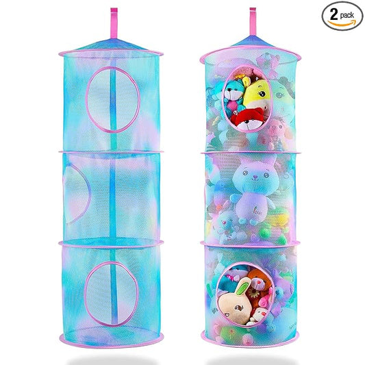 Basumee Stuffed Animals Net or Hammock 2 Pcs Stuffed Animals Storage Toy Net Hammock for Plushies Storage Organizer Mesh Kids Girls Room Decor, Blue Teal, 3 Tiers