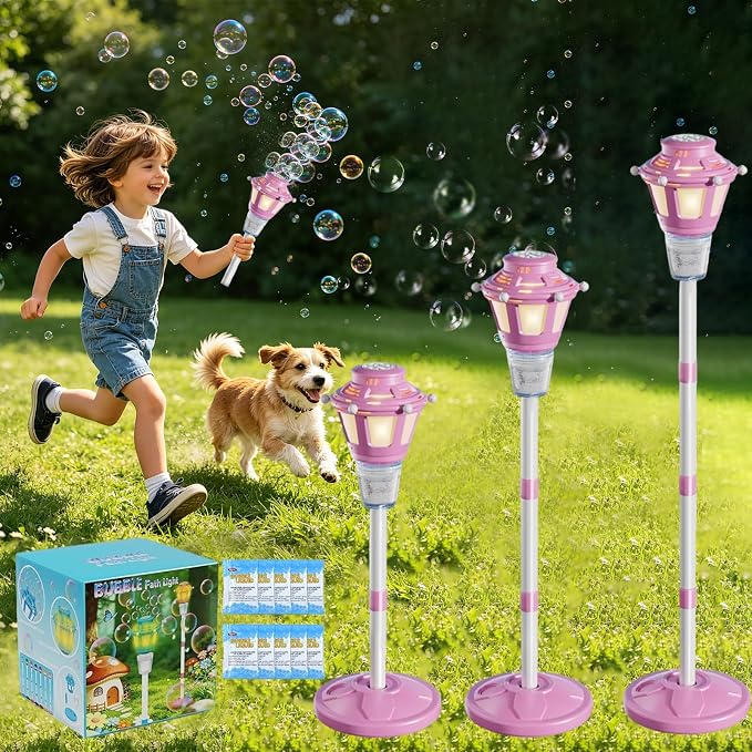 Bubble Machine for Kids Toddlers - Rechargeable Automatic Bubble Machine with Lights & Music, Bubble Blower with Adjustable Stand up to 47 Inch for Backyard Games, Birthday Party, Outdoor Play