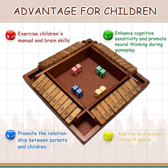 Shut the Box Wooden Board Game – 4 Player 1-10 Numbers Dark Wood Math Game with 8 Dice, Classic Strategy Game for Adults & Kids, Educational Family for Learning Addition, Classroom or Party Toy