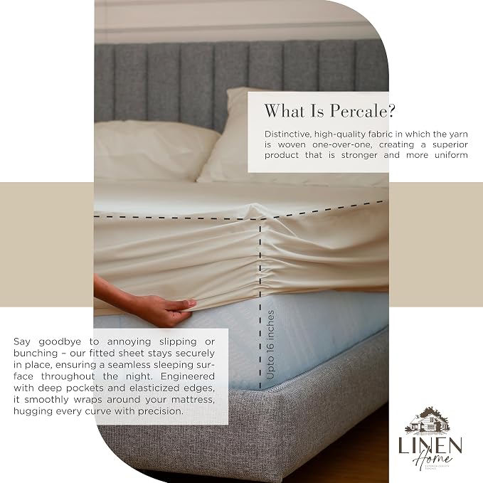 Linen Home 100% Cotton Percale Sheets Queen Size, Light Taupe, Deep Pocket, 4 Pieces Set - 1 Flat, 1 Deep Pocket Fitted Sheet and 2 Pillowcases, Crisp Cool and Strong Bed Linen
