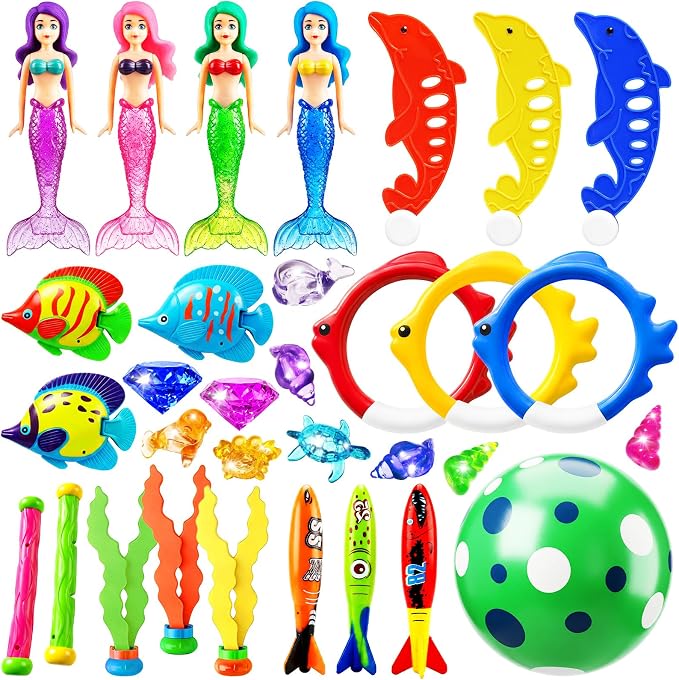 Jasonwell Pool Diving Toys Games - 32PCS Swimming Mermaid Pool Toys with Dive Rings Gems Beach Ball Underwater Treasures Torpedo Bandits Fish Swim Toy etc Bath Water Toy Training Gifts for Kids Adult