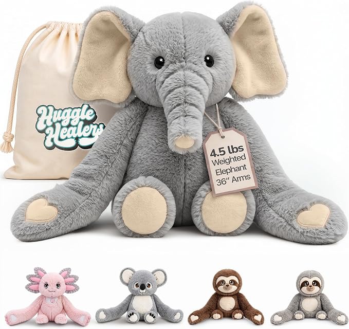 Huggle Healers Weighted Stuffed Animals for Adults, Teens and Kids - 36 Inch Long Plush Arms for Hugs - 4.5lb Elephant Stuffed Animal Plushies - Hathi Elephant