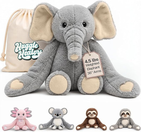 Huggle Healers Weighted Stuffed Animals for Adults, Teens and Kids - 36 Inch Long Plush Arms for Hugs - 4.5lb Elephant Stuffed Animal Plushies - Hathi Elephant
