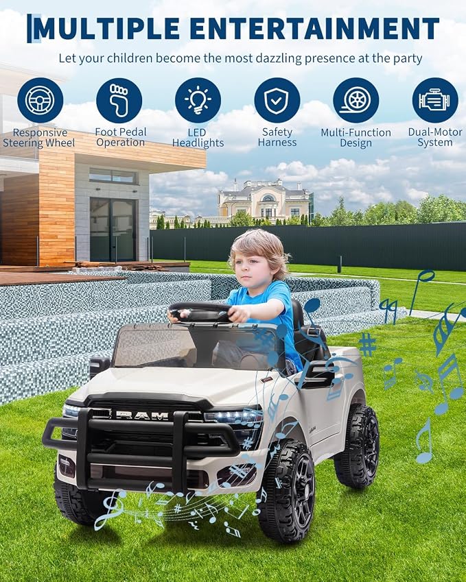 Garvee Kids Ride On Cars, Licensed RAM 12V Electric Ride On Truck Car w/Remote Control, Electric Pickup Car for Toddlers, Spring Suspension, LED Lights, Music, Ride On Toys for Boys Girls