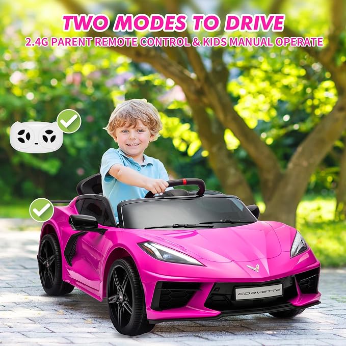 Garvee 12V Kids Ride on Car Licensed Corvette Toddlers Electric Sports Car Ride on Toy with Remote Control, Visual Dashboard, LED Lights, Music for Boys & Girls, Rose Red
