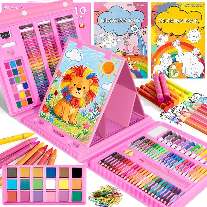 GOTIDEAL Art Supplies,Kids Art Set,210 PCS Art Kit for Kids Age 6-12 with Trifold Easel, Kid Drawing kit with Coloring Book, Crayons, Markers, Watercolor Pens,Gift for Boys and Girls(Pink)